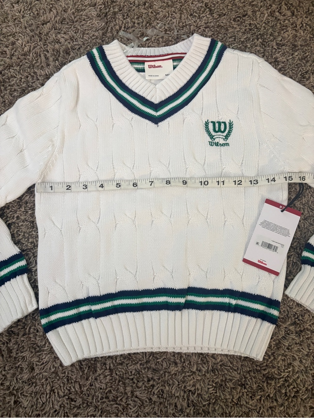 Wilson White Cable-Knit V-Neck Sweater with Green & Navy Stripes - Picture 8 of 11